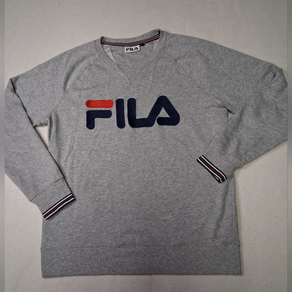 Fila V-Neck Sweater in Gray with Red and Blue Accents